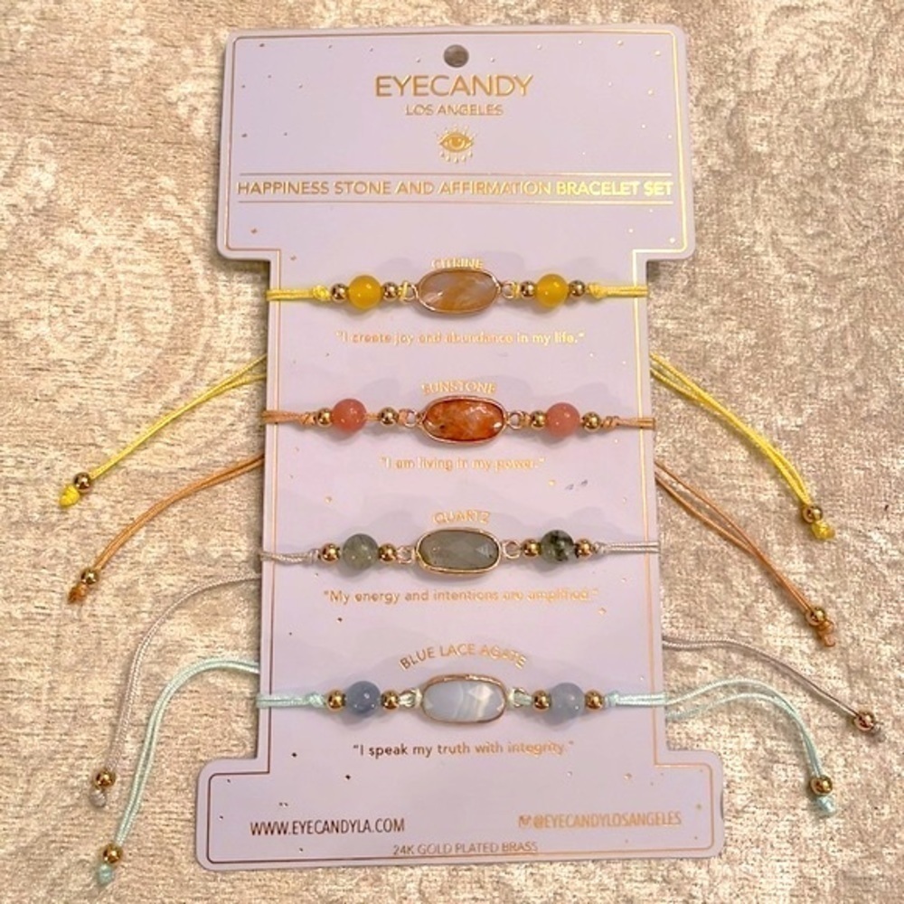 Brand New Eye Candy 24K Gold Plated Brass Gemstone Adjustable Bracelet Set